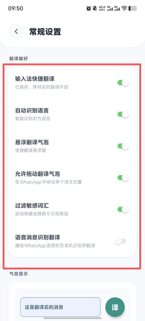 常规设置：翻译偏好高级开关