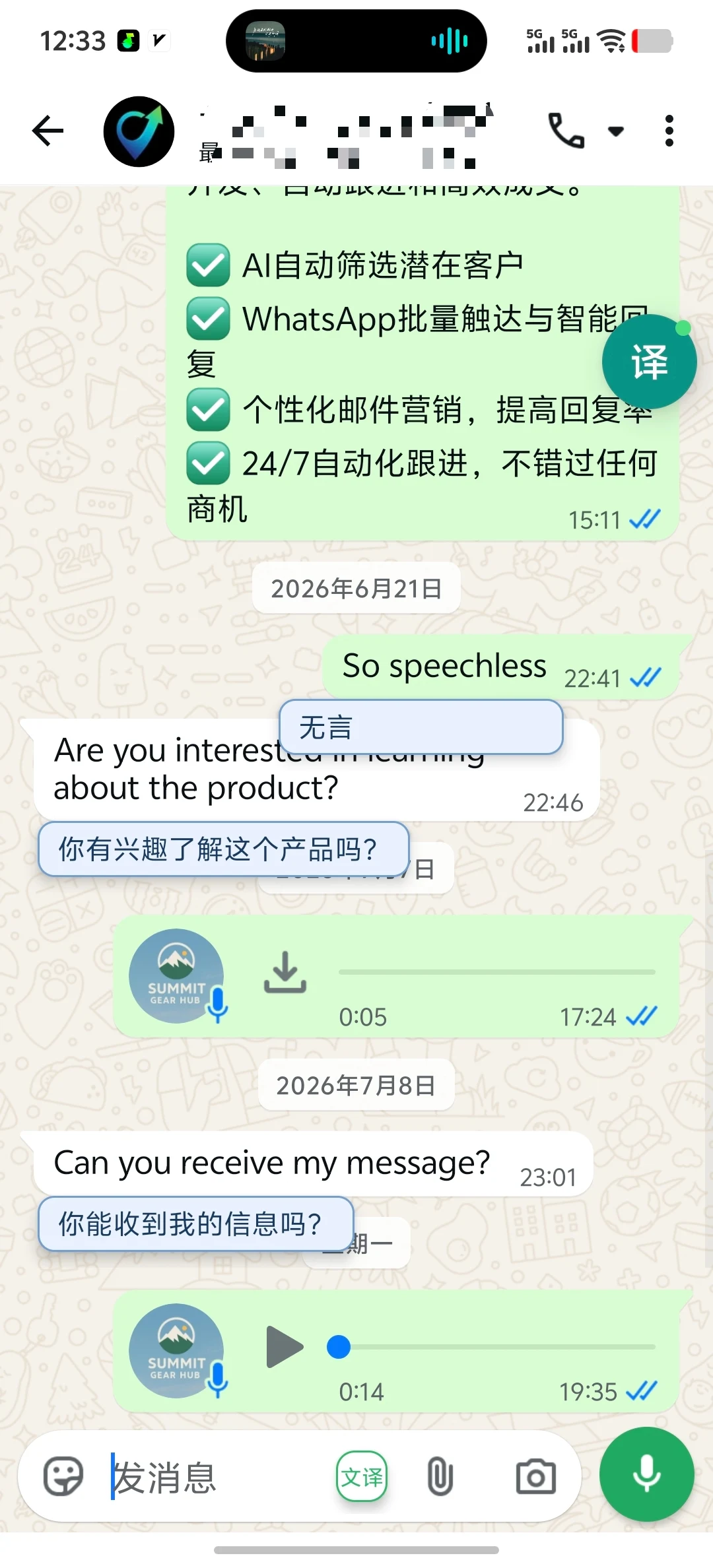 WhatsApp 实时翻译效果